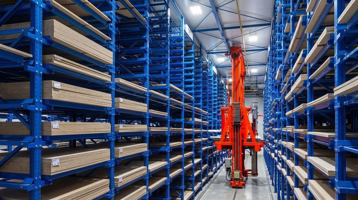 Stacker Crane สีส้มในคลังสินค้าอัตโนมัติชั้นวางสีน้ำเงิน