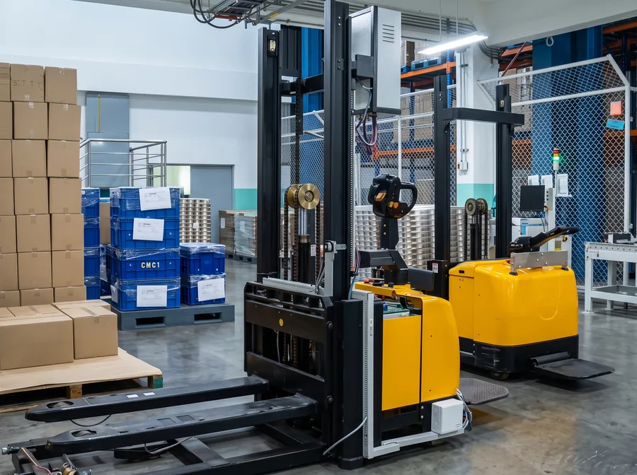รถลำเลียงอัตโนมัติกำลังยกพาเลตสินค้าแทนการใช้ Forklift